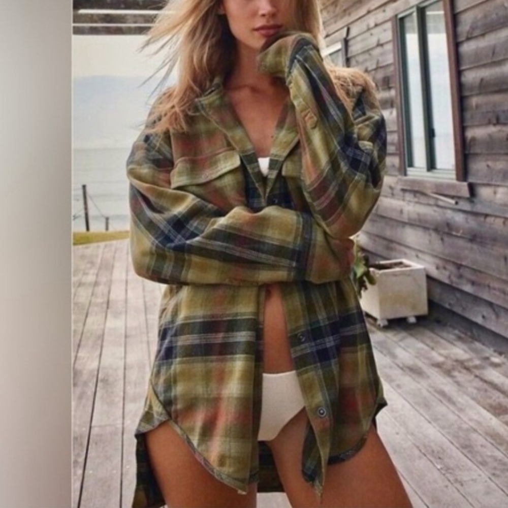 We The Free Free People Izzy Flannel Shirt Snap Olive Oversized